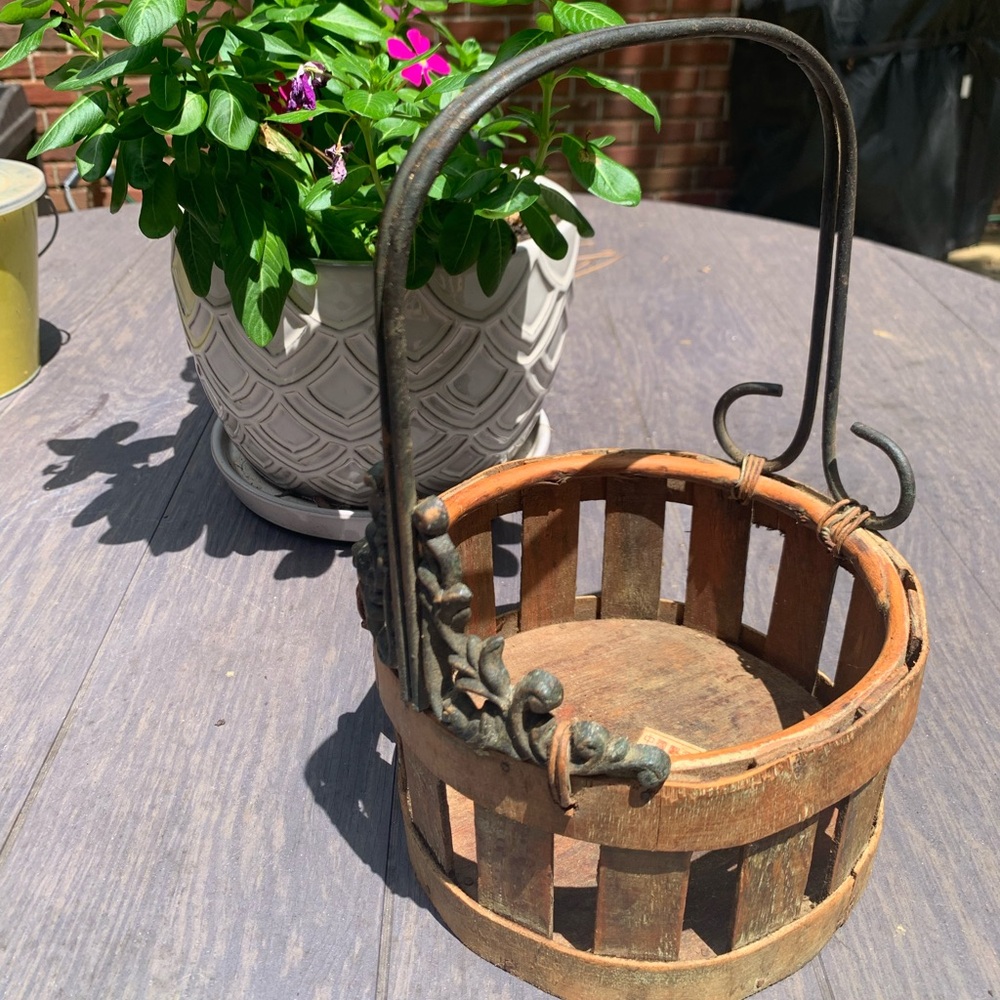 Vintage Iron, Cane & Wood Basket